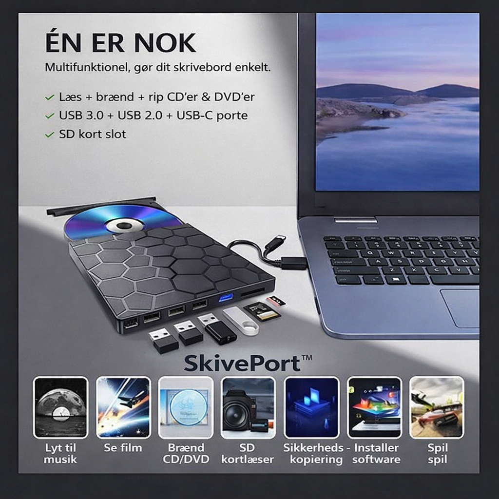 SkivePort™ - Afspil, kopier og gem – alt samlet i én 8-i-1 løsning