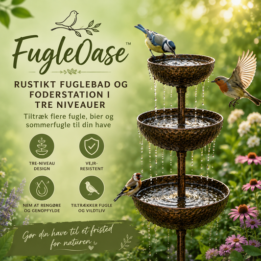 FugleOase™ – Rustikt fuglebad og foderstation i tre niveauer